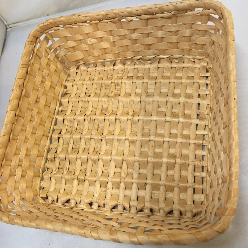 Woven Wood Splint Basket Unisex 8.5in Tan Square Rustic Storage Cottagecore